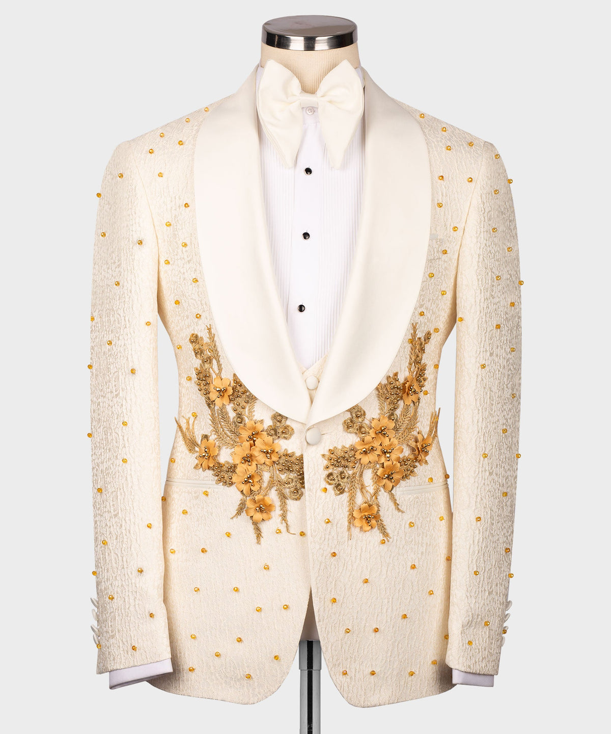 Valerio Milano Men's Cream Flower Patterned Gold Tuxedo Vest Suit Trousers & Bowtie
