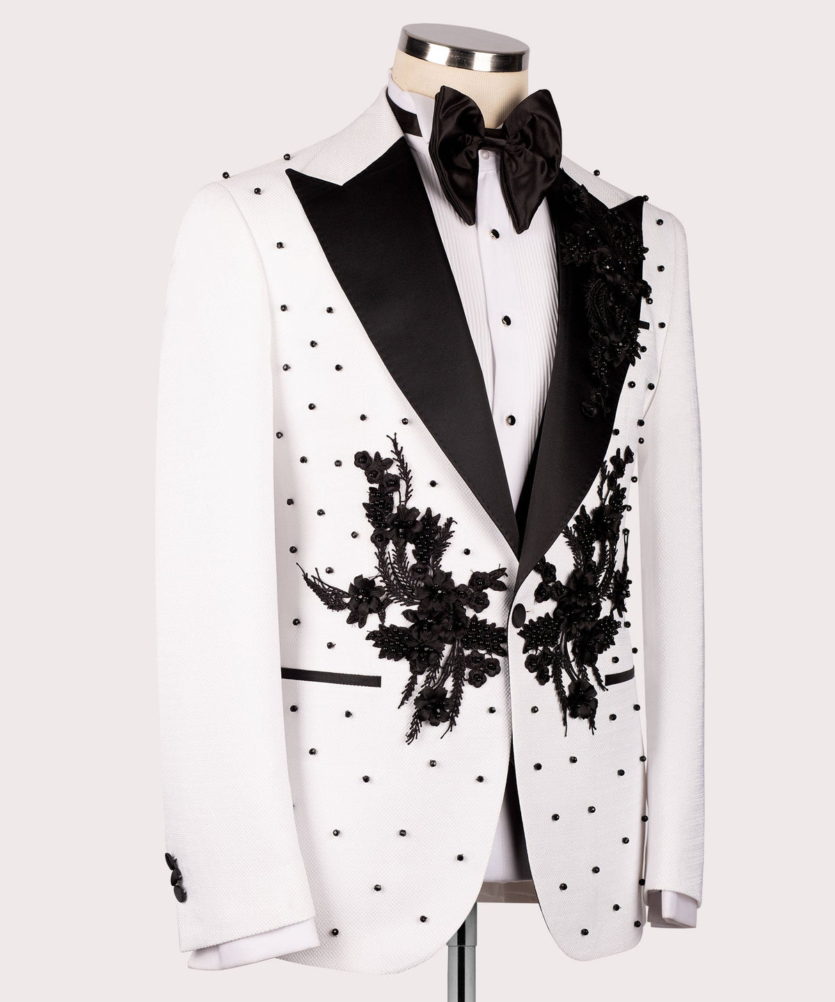 Valerio Milano Men's White Flower Patterned Black Tuxedo Classic Suit W/ Pant
