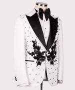 Valerio Milano Men's White Flower Patterned Black Tuxedo Classic Suit W/ Pant