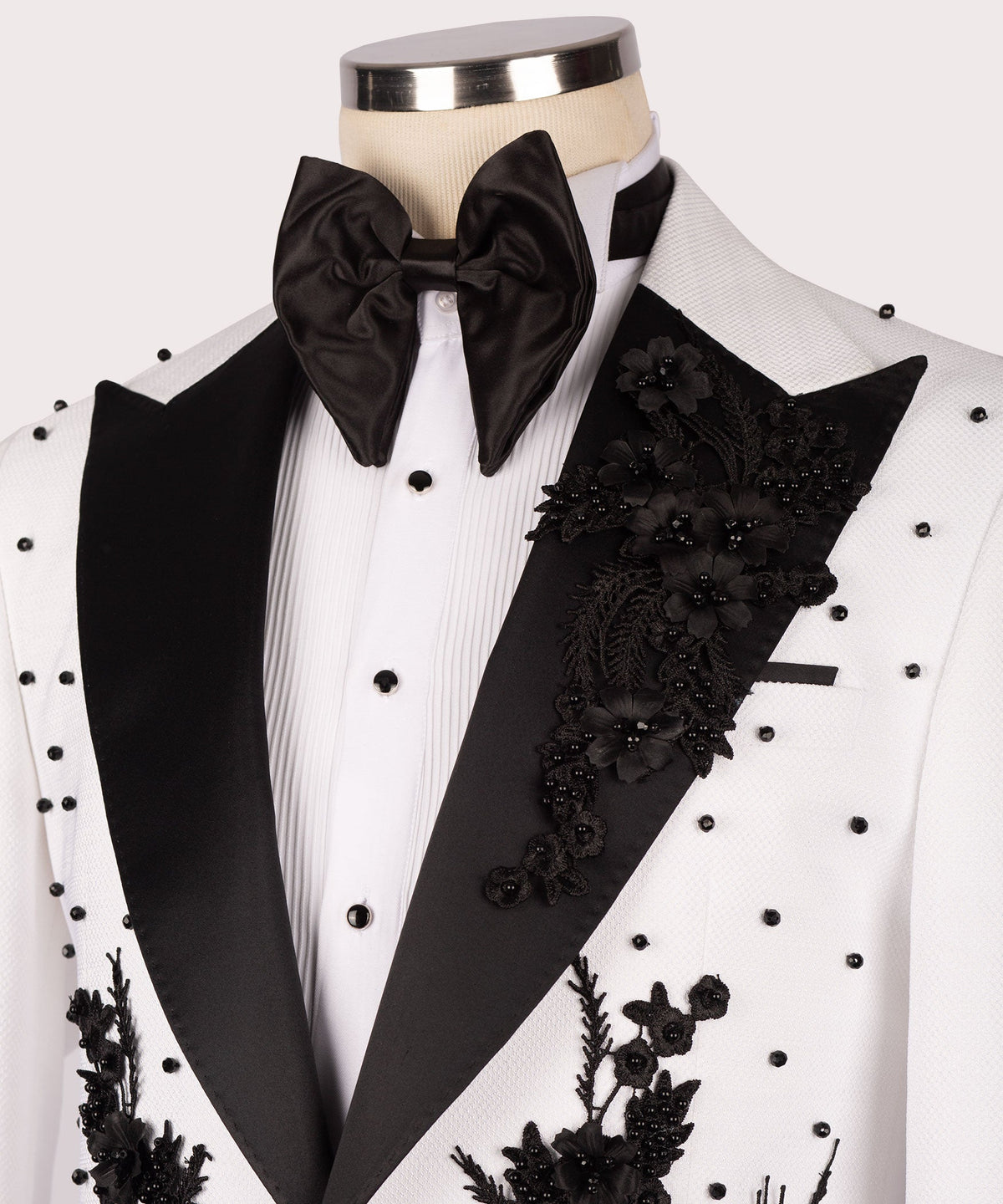 Valerio Milano Men's White Flower Patterned Black Tuxedo Classic Suit W/ Pant