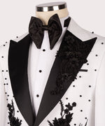 Valerio Milano Men's White Flower Patterned Black Tuxedo Classic Suit W/ Pant
