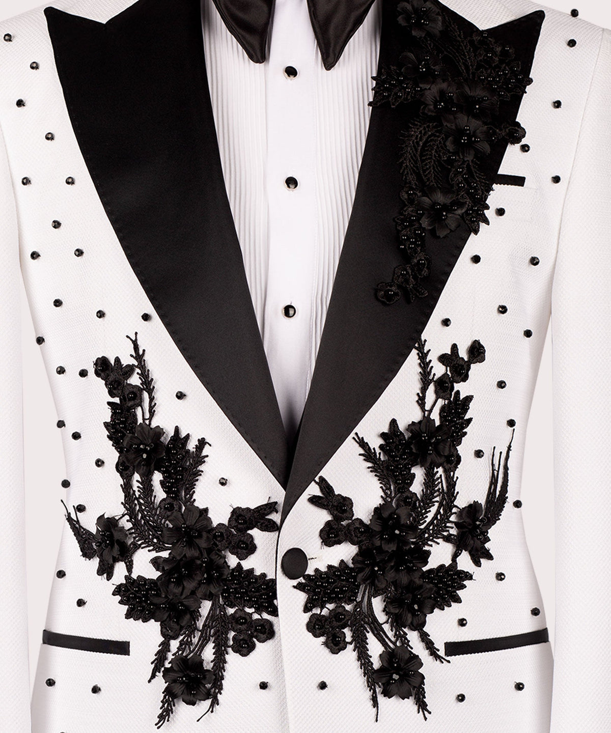 Valerio Milano Men's White Flower Patterned Black Tuxedo Classic Suit W/ Pant