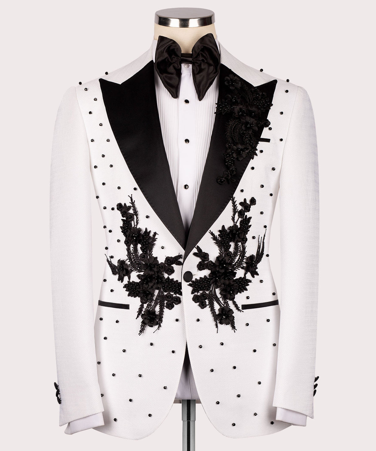 Valerio Milano Men's White Flower Patterned Black Tuxedo Classic Suit W/ Pant