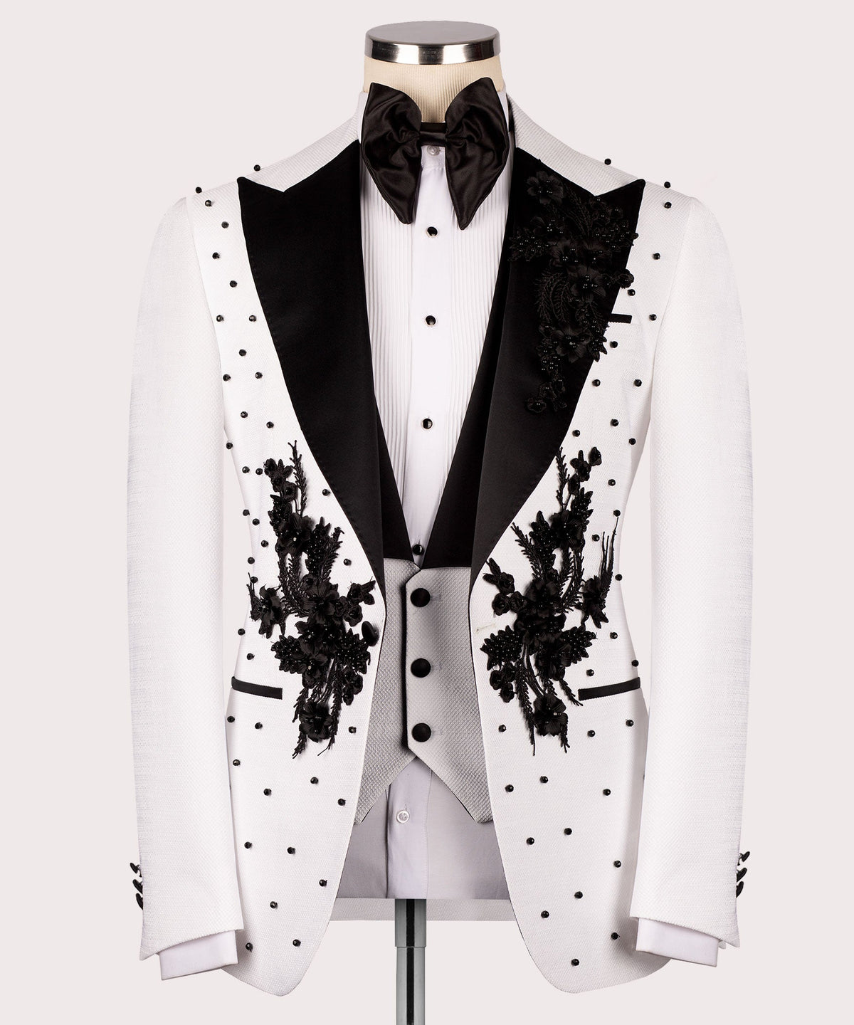 Valerio Milano Men's White Flower Patterned Black Tuxedo Classic Suit W/ Pant