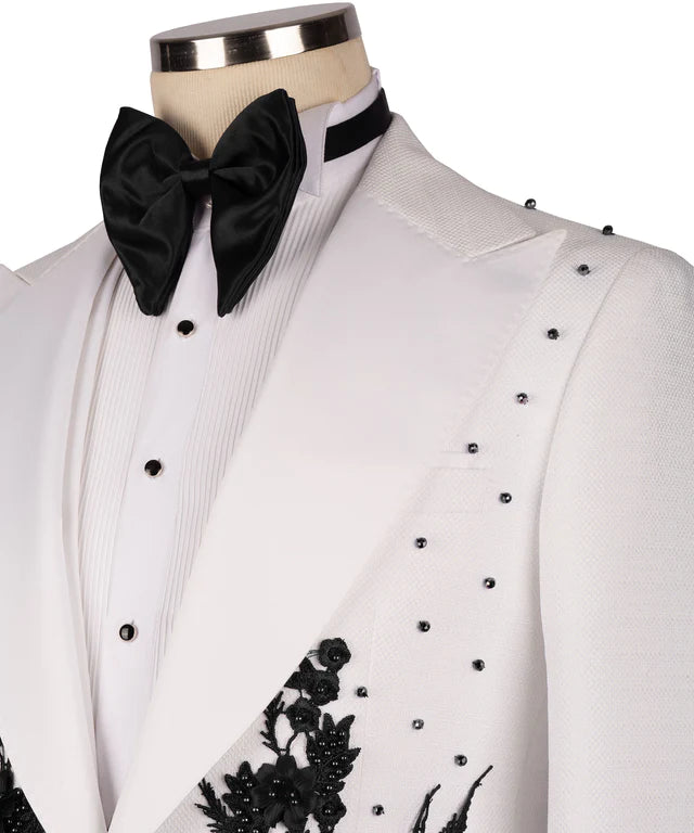 Valerio Milano Flower Patterned White - Black Tuxedo Suit