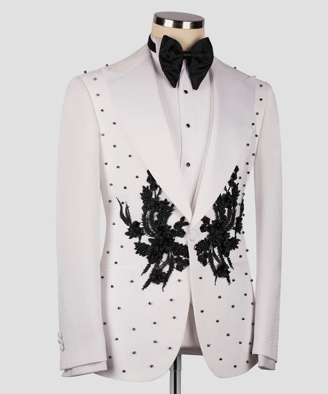Valerio Milano Flower Patterned White - Black Tuxedo Suit