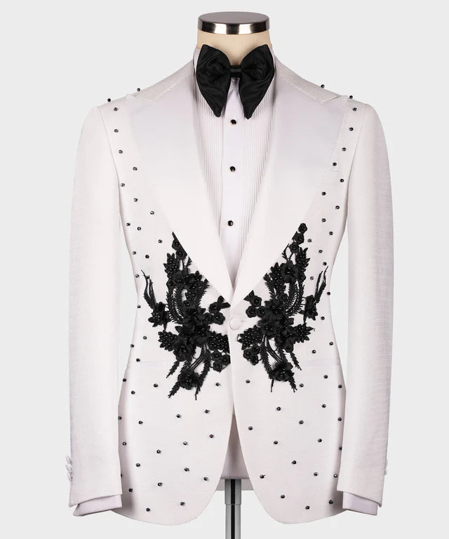 Valerio Milano Flower Patterned White - Black Tuxedo Suit