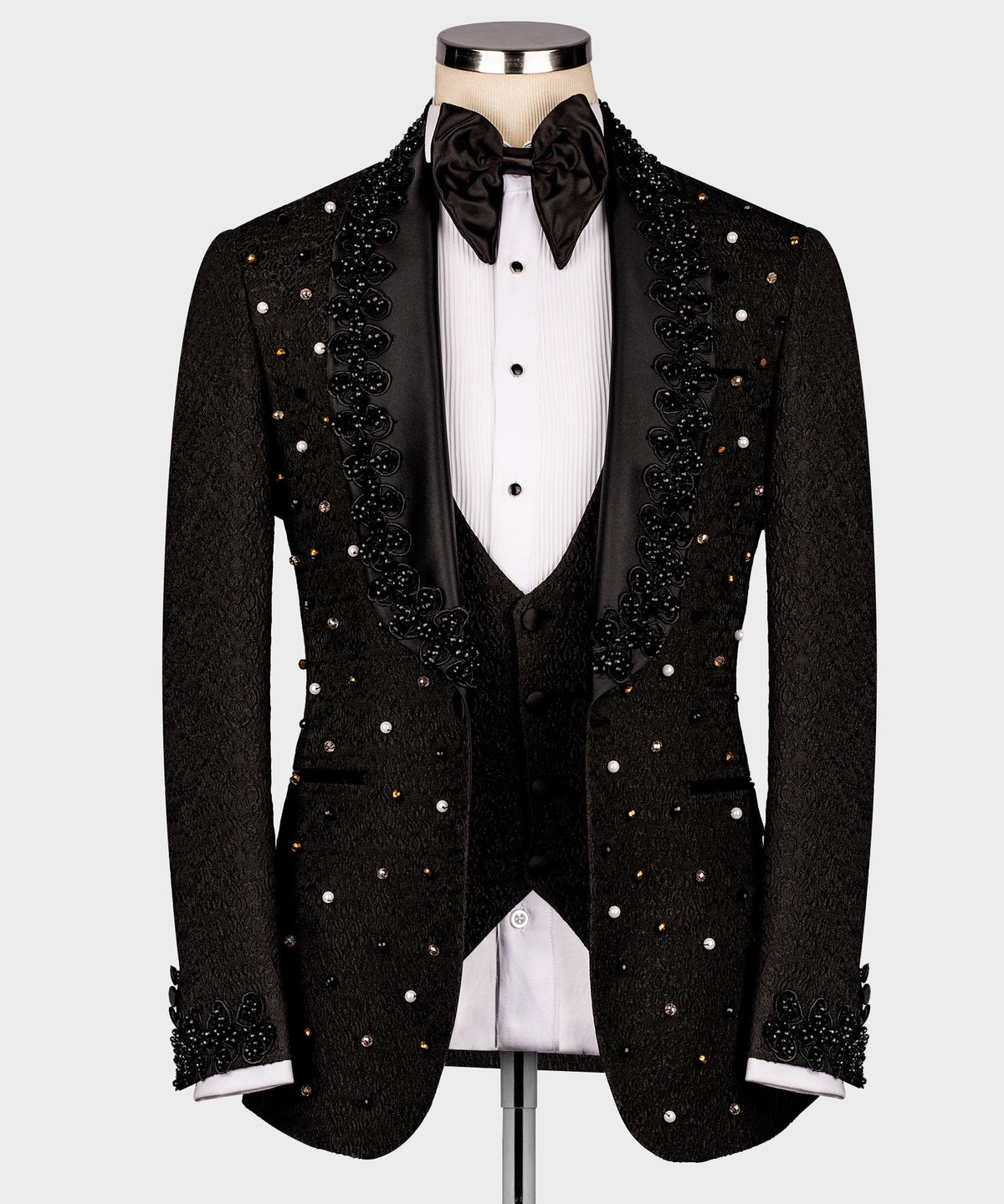 Valerio Milano Men's Black Crystal Jewelried Special Tuxedo Custom Design Vest Suit