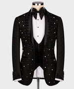 Valerio Milano Men's Black Crystal Jewelried Special Tuxedo Custom Design Vest Suit