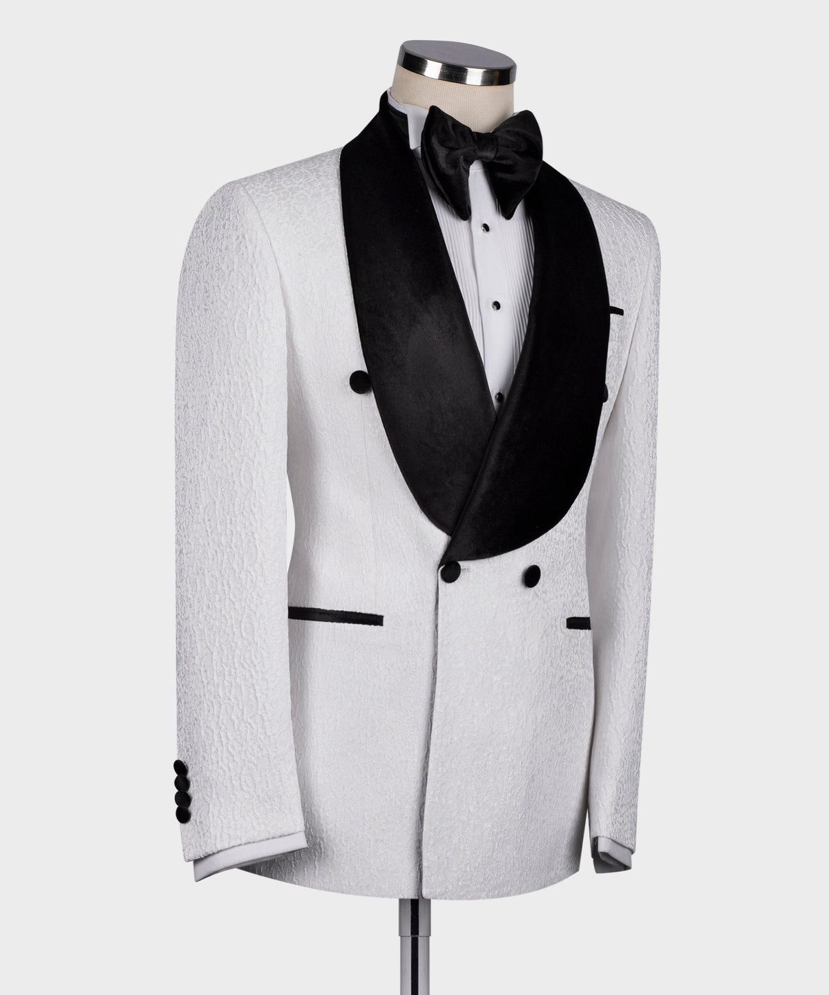 Valerio Milano Men's Black Velvet Collar White Patterned Tuxedo Double Breasted Straight leg Trousers