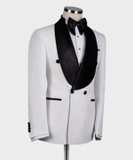 Valerio Milano Men's Black Velvet Collar White Patterned Tuxedo Double Breasted Straight leg Trousers
