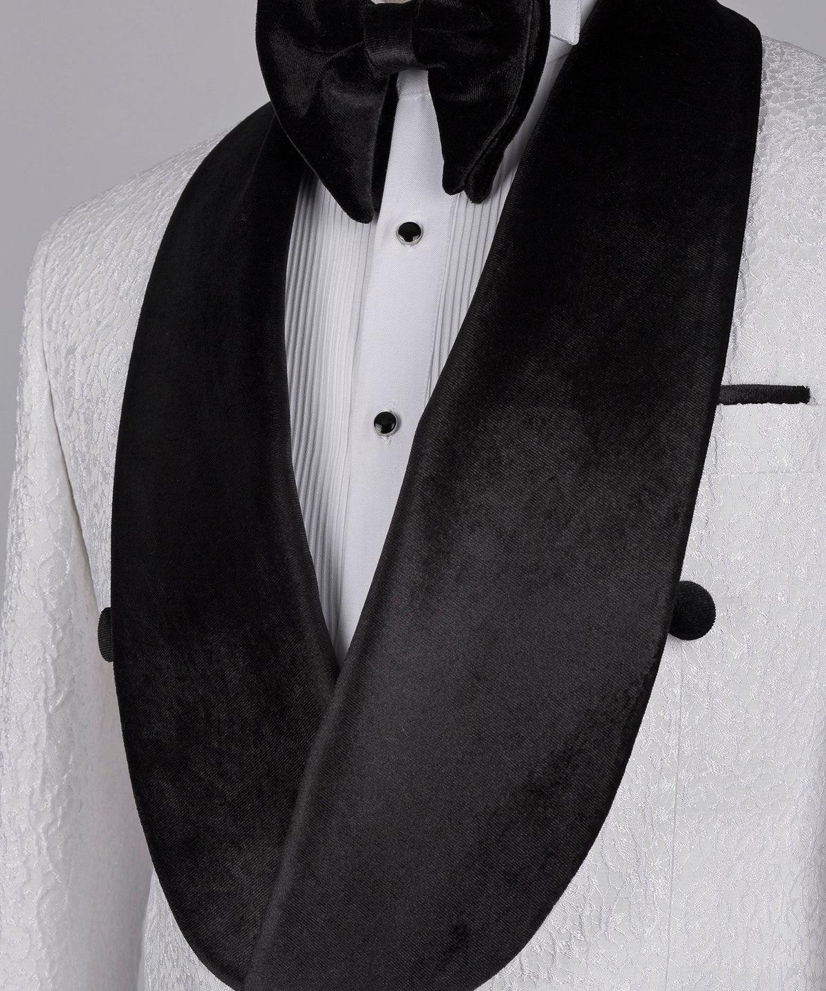 Valerio Milano Men's Black Velvet Collar White Patterned Tuxedo Double Breasted Straight leg Trousers