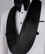 Valerio Milano Men's Black Velvet Collar White Patterned Tuxedo Double Breasted Straight leg Trousers