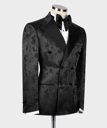 Black Satin Collar Dark Red Patterned Tuxedo