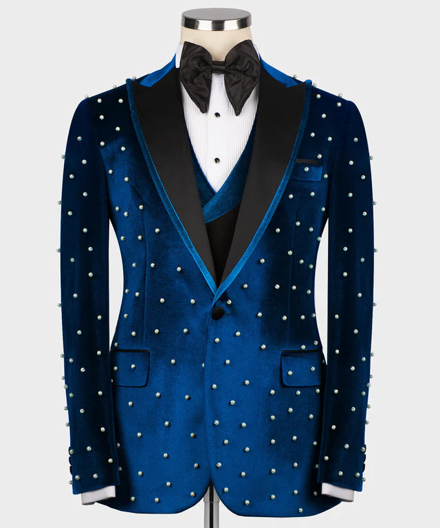 Valerio Milano Pearl Embroidered Blue Velvet Tuxedo