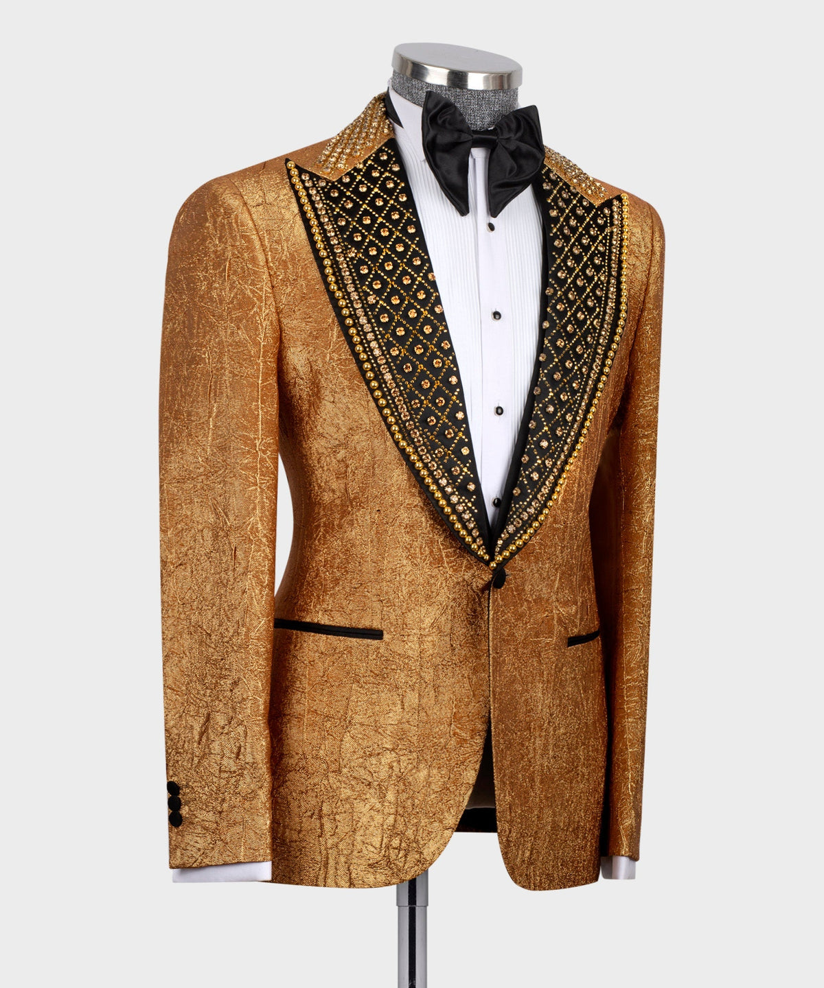 Valerio Milano Men's Silk & Wool Cracked Gold Pattern Custom Tuxedo One Button Vest Suit