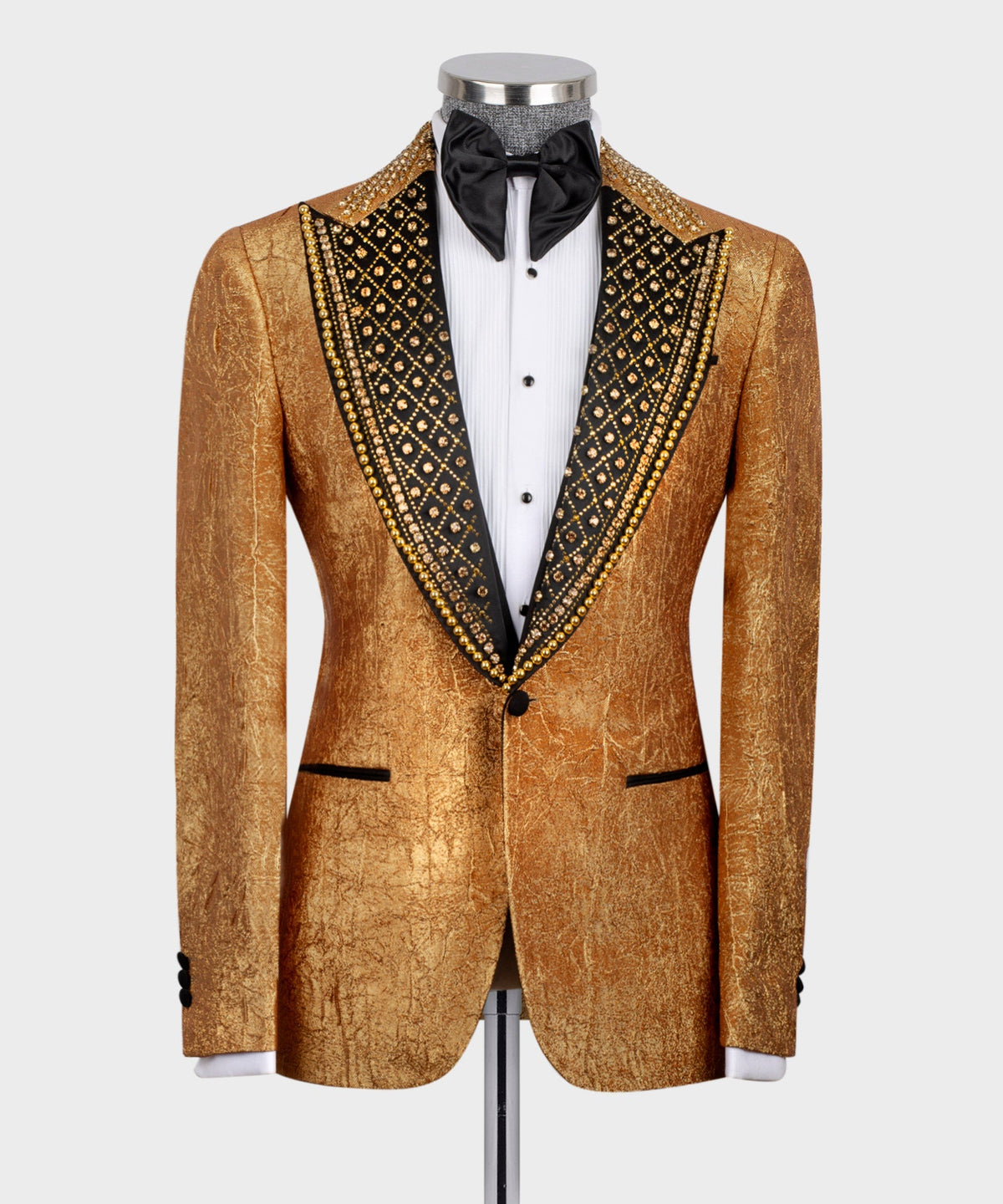 Valerio Milano Men's Silk & Wool Cracked Gold Pattern Custom Tuxedo One Button Vest Suit