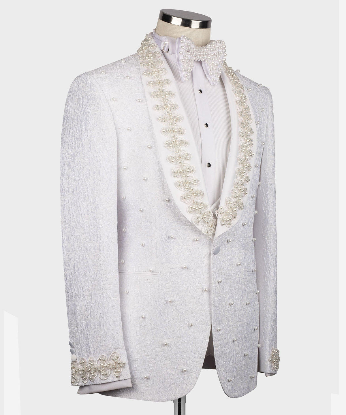 Valerio Milano Men's Pearl Embroidered White Tuxedo Front One Button Vest Suit