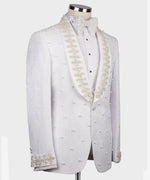 Valerio Milano Men's Pearl Embroidered White Tuxedo Front One Button Vest Suit