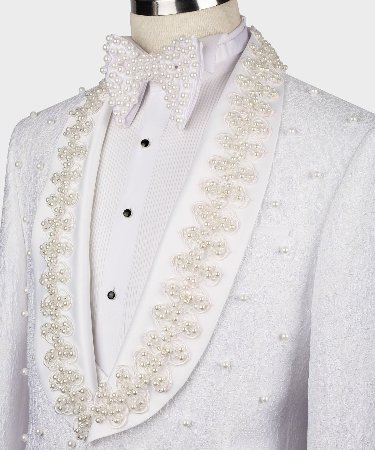 Valerio Milano Men's Pearl Embroidered White Tuxedo Front One Button Vest Suit