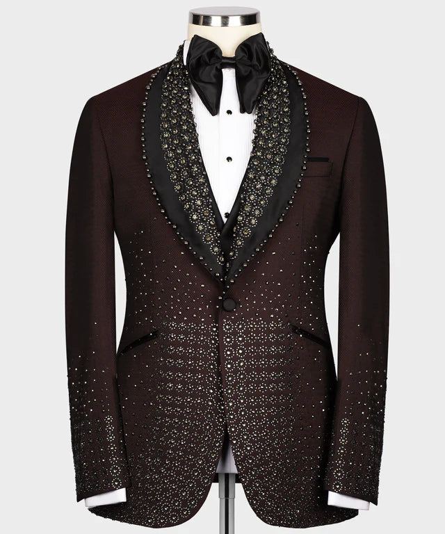 Valerio Milano Satin Lalaped Round Patterned Custom Burgundy Tuxedo