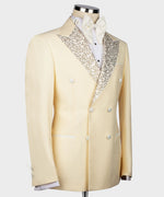 Valerio Milano Italian Men's Gold Gemstone Embriored Cream Tuxedo Custom Desing Vest Suit