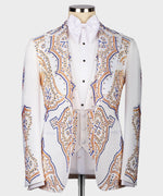Valerion Milano Men's White Front One Button Oriental Pattern Tuxedo Custom Desing Vest Suit