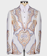 Valerion Milano Men's White Front One Button Oriental Pattern Tuxedo Custom Desing Vest Suit