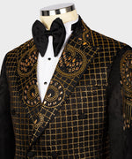 Valerio Milano Men's Black Gold Authentic Embroidered Detail Tuxedo Custom Desing Vest Suit