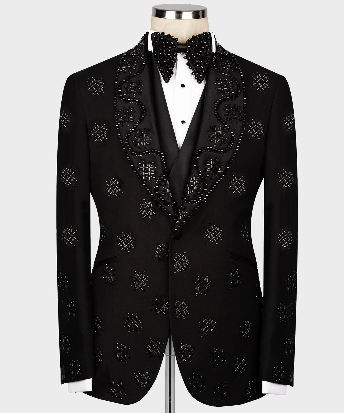 Valerio Milano Men's Black Stone Embroidered Italian Black Tuxedo Custom Desing Vest Suit