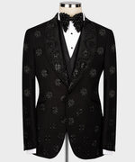 Valerio Milano Men's Black Stone Embroidered Italian Black Tuxedo Custom Desing Vest Suit
