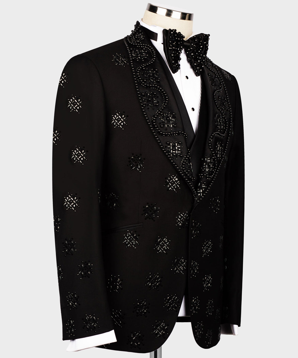 Valerio Milano Men's Black Stone Embroidered Italian Black Tuxedo Custom Desing Vest Suit