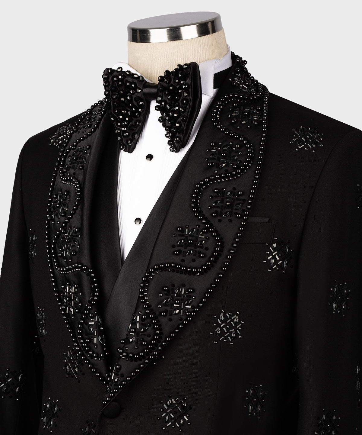 Valerio Milano Men's Black Stone Embroidered Italian Black Tuxedo Custom Desing Vest Suit