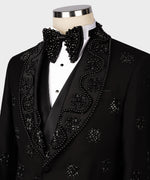 Valerio Milano Men's Black Stone Embroidered Italian Black Tuxedo Custom Desing Vest Suit