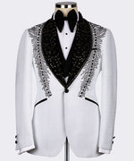 Valerio MilanoMen's White Feather Stencil Detailed Stone Embroidered Tuxedo Vest Suit