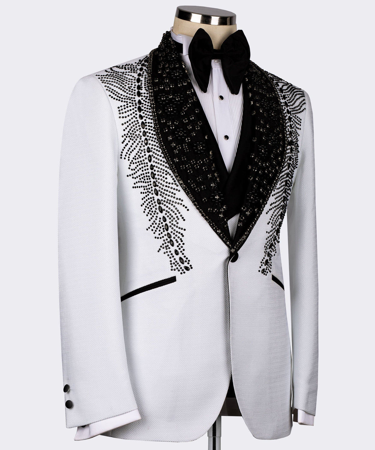 Valerio MilanoMen's White Feather Stencil Detailed Stone Embroidered Tuxedo Vest Suit