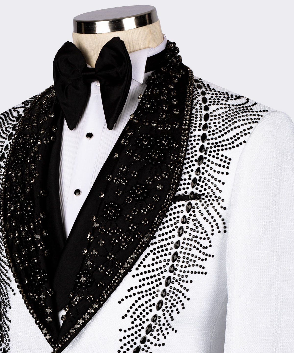 Valerio MilanoMen's White Feather Stencil Detailed Stone Embroidered Tuxedo Vest Suit