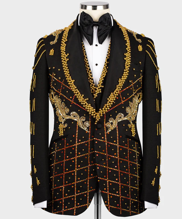 Valerio Milano 3-Piece Italian Men's Suit Crystal Stone Special Black Tuxedo Suit