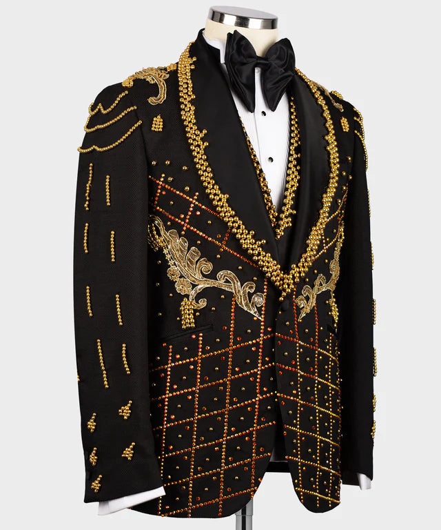 Valerio Milano 3-Piece Italian Men's Suit Crystal Stone Special Black Tuxedo Suit