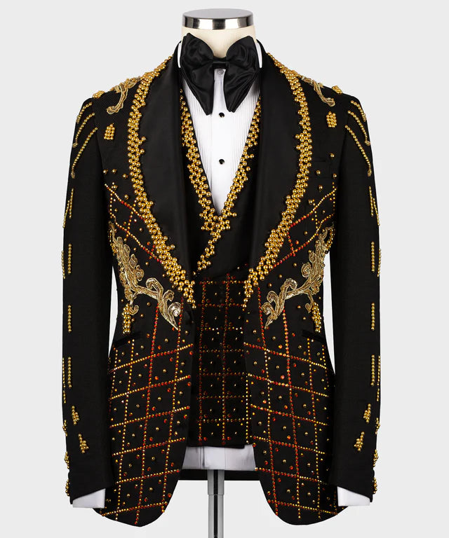 Valerio Milano 3-Piece Italian Men's Suit Crystal Stone Special Black Tuxedo Suit