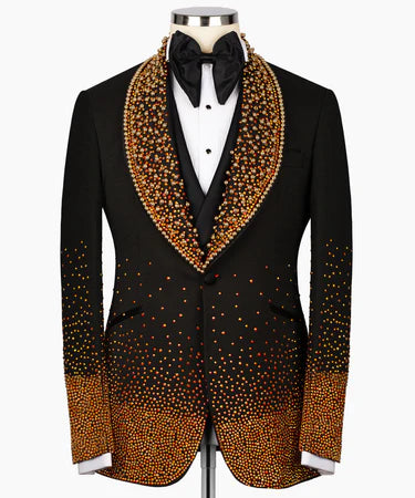 Valerio Milano Men's Gold Stone Embroidered Custom Desing Vest Suit W/ Pant