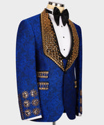 Valerio Milano Men's Gold Gem Stone Blue Special Tuxedo Front One Button W/ Waistcoat Trousers