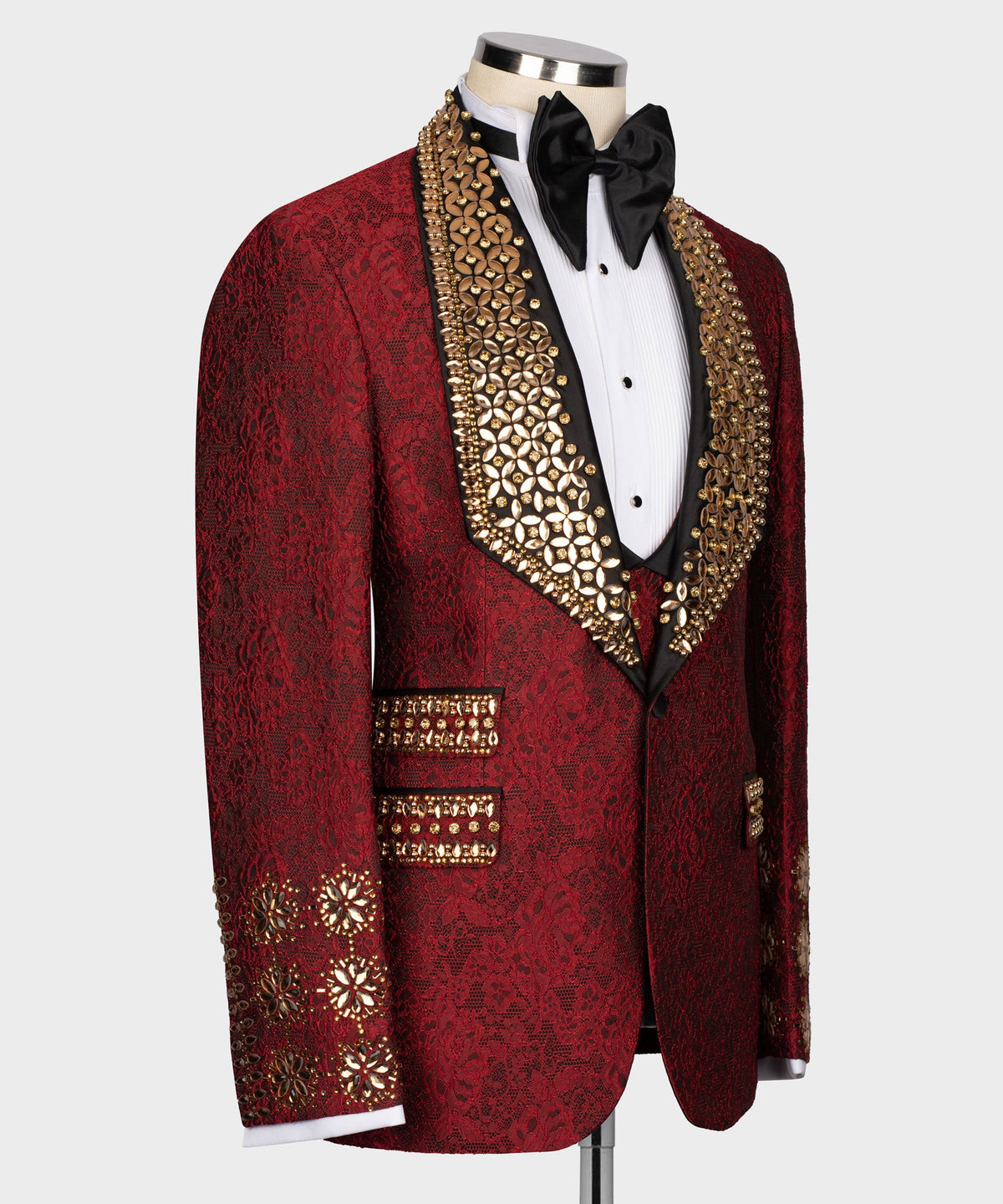 Valerio MilanoMen's Gold Gem Stone Red Laleped Special Tuxedo Custom Desing Vest Suit