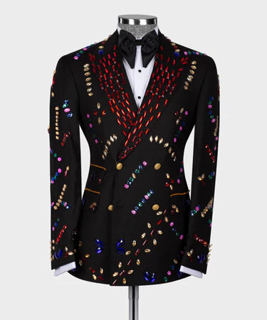 Valerio Milano Men's Black Crystal Colored Stone Special Tuxedo Vest Suit W/ Pant