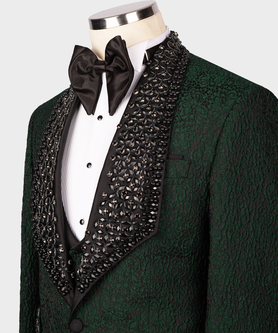 Valerio Milano Men's Black Gem Stone Green Laleped Special Tuxe Vest Suit W/ Pant