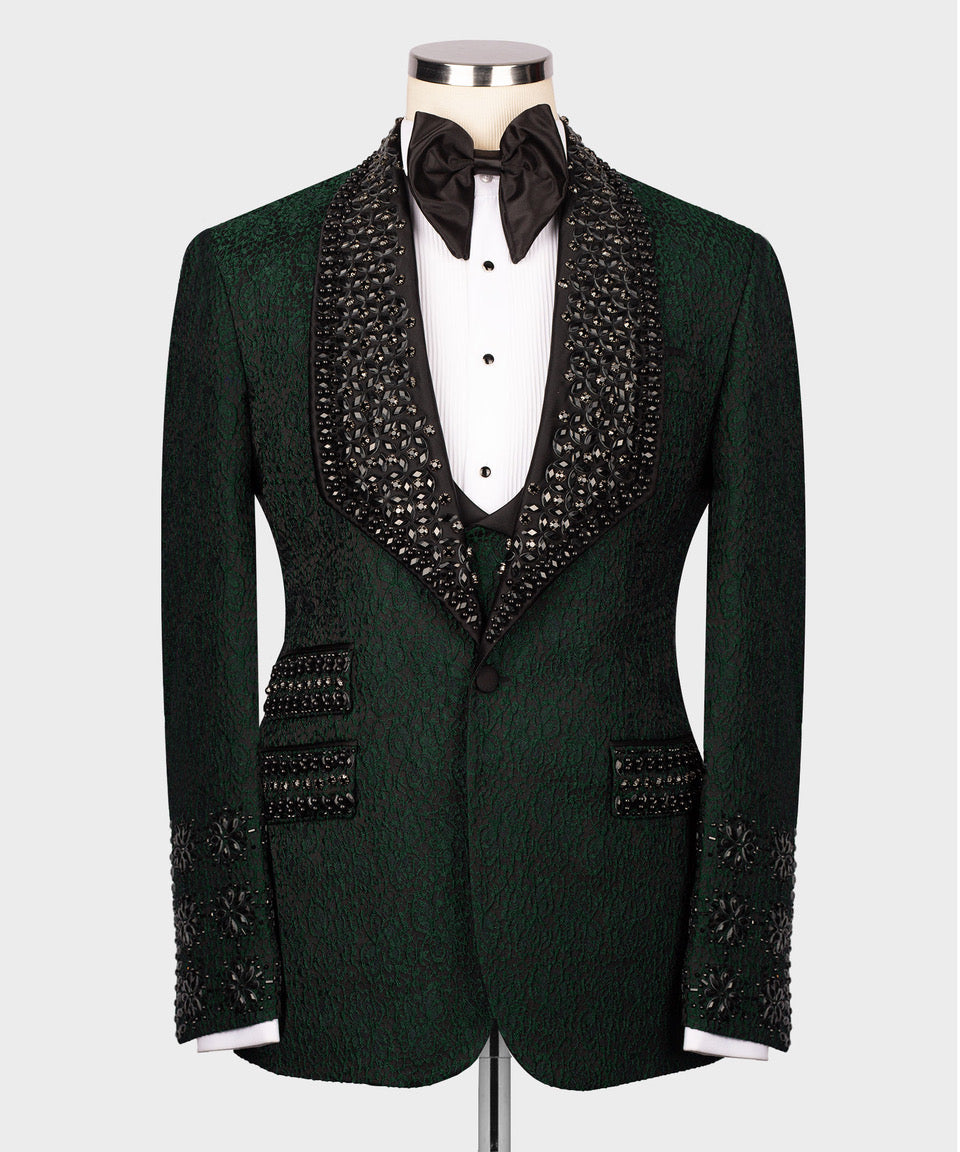 Valerio Milano Men's Black Gem Stone Green Laleped Special Tuxe Vest Suit W/ Pant
