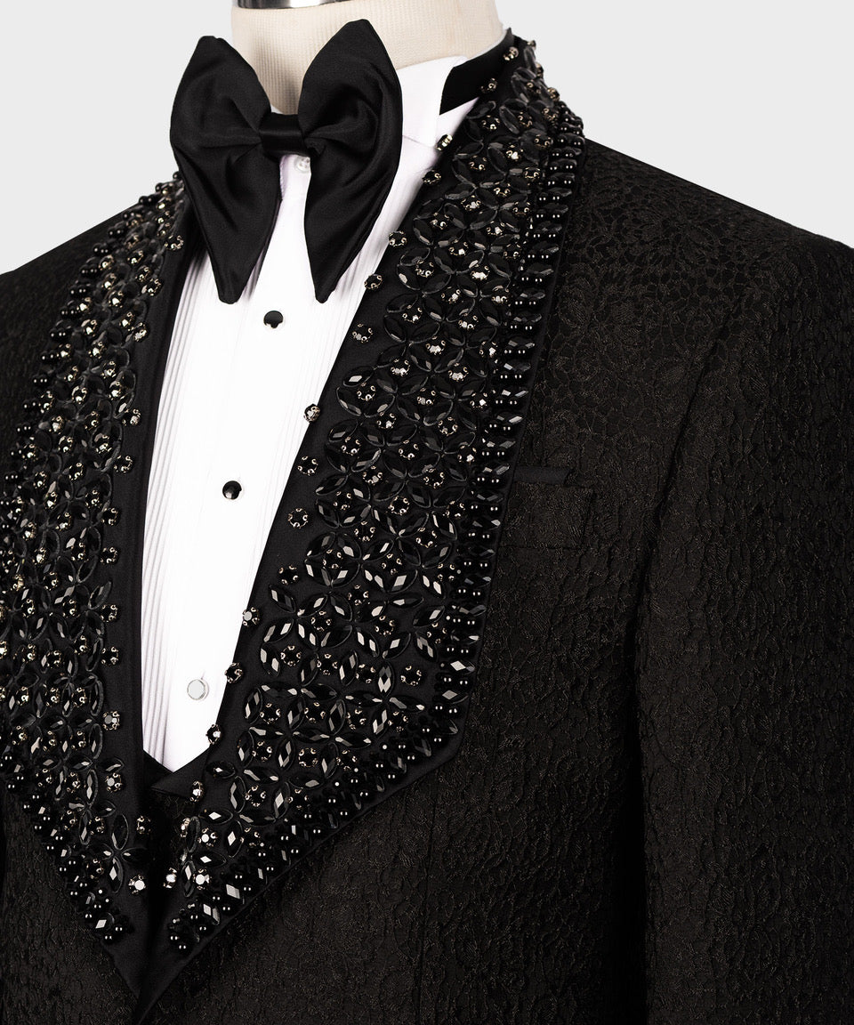 Valerio Milano Men's Black Gem Stone 100% Silk Satin Custom Desing Vest Suit