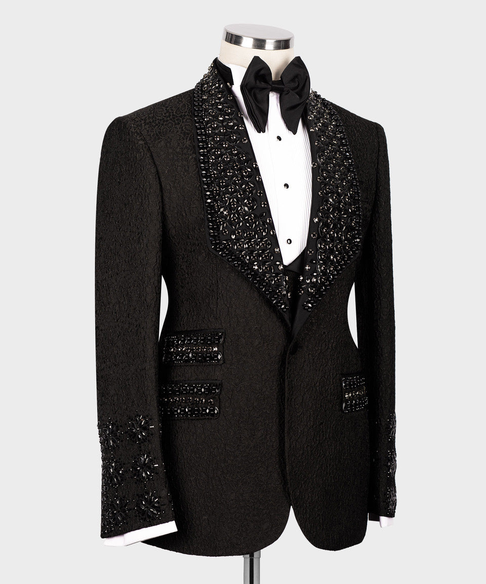Valerio Milano Men's Black Gem Stone 100% Silk Satin Custom Desing Vest Suit
