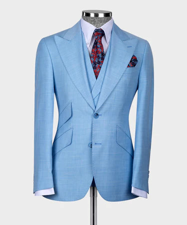 Valerio Milano 3-Piece Italian Men's Suit Blue 3 Side Pockets Triple Classic Suit W/ Straight Leg Trouser