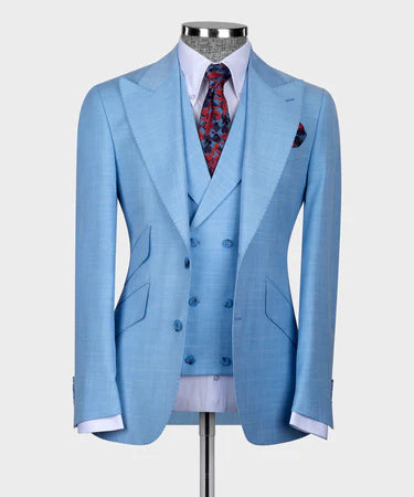 Valerio Milano 3-Piece Italian Men's Suit Blue 3 Side Pockets Triple Classic Suit W/ Straight Leg Trouser